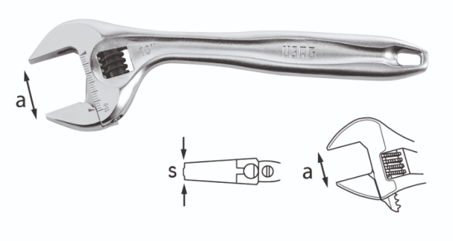 Ključ štelujući sa glavom pod uglom od 22° sa dvostrukom skalom (milimetri-inči) kapacitet otvaranja +15% u odnosu na standard otvor čeljusti 63mm dužine 460mm 294 AD USAG